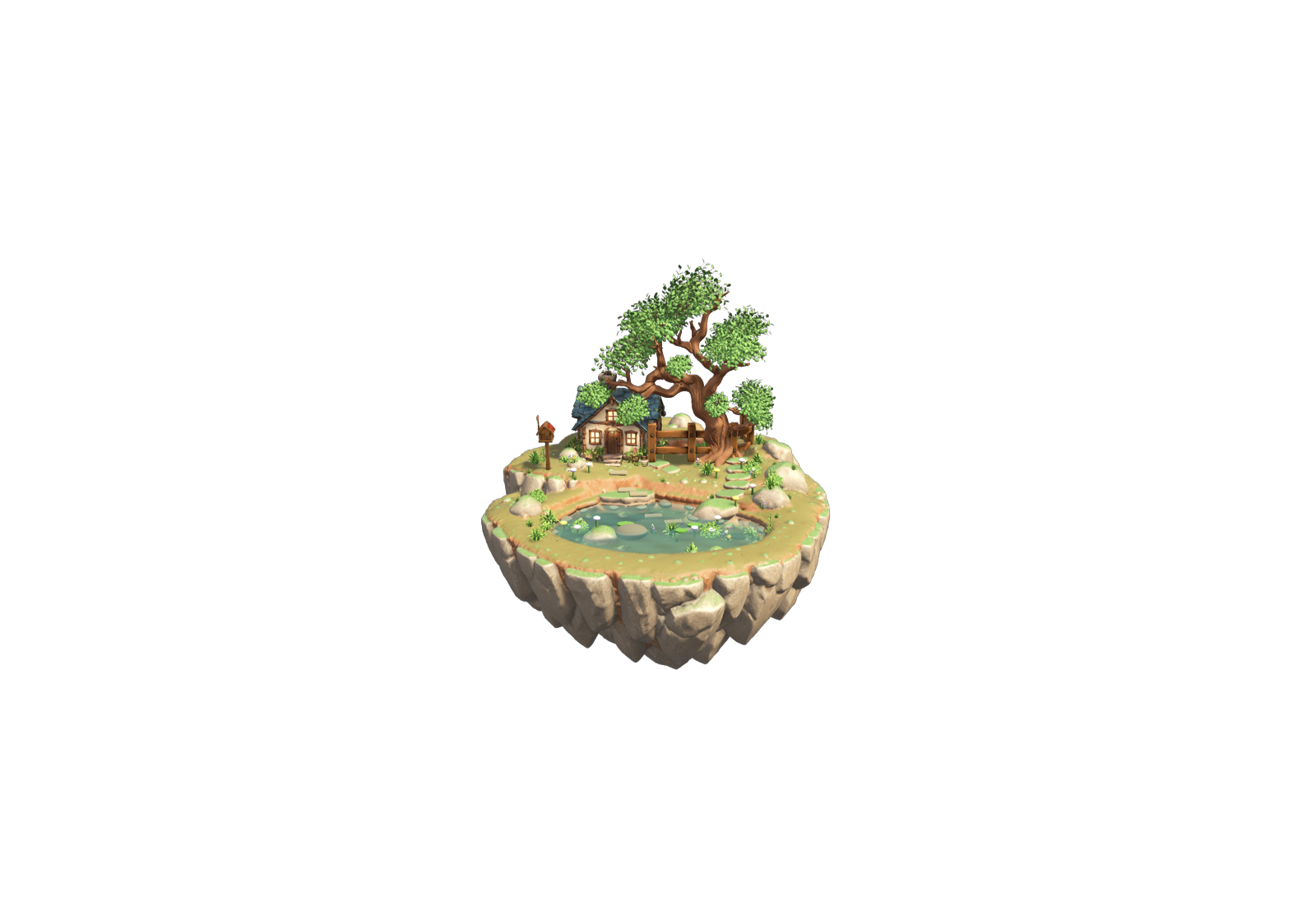 Weather Islet summer island scene with a cottage, tree, and pond